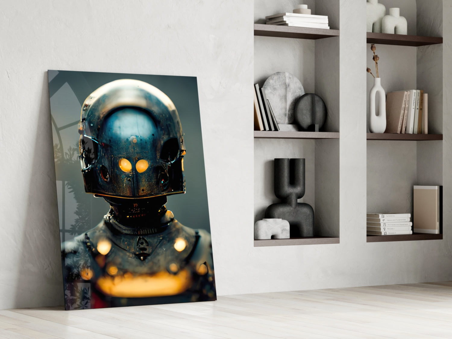 Futuristic robot head with glowing yellow eyes and blue metallic helmet displayed against white wall with wooden shelving.
