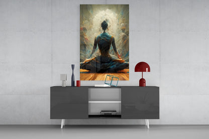 Lotus Pose With White Mandala Halo Glass Wall Art