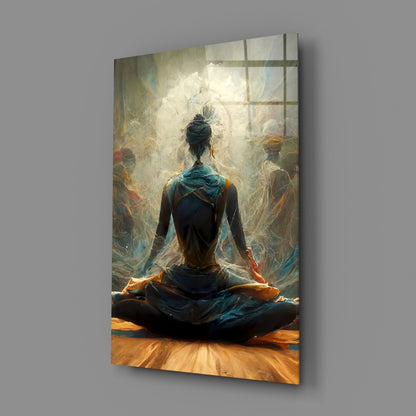 Lotus Pose With White Mandala Halo Glass Wall Art