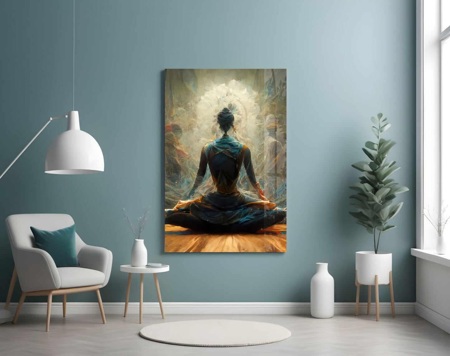 Lotus Pose With White Mandala Halo Glass Wall Art