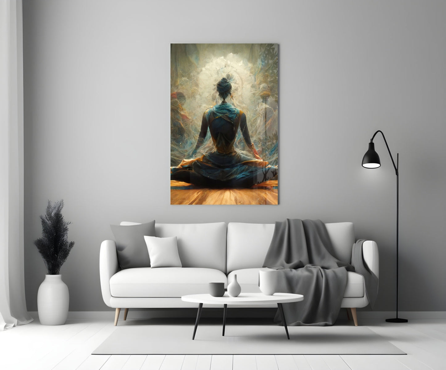Lotus Pose With White Mandala Halo Glass Wall Art
