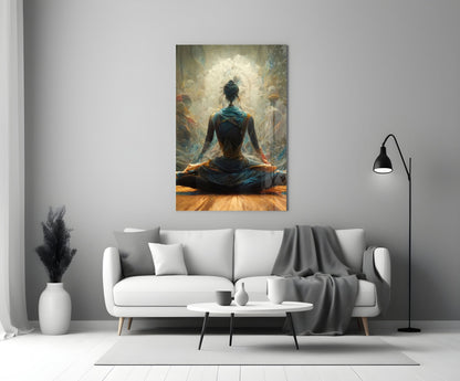 Lotus Pose With White Mandala Halo Glass Wall Art