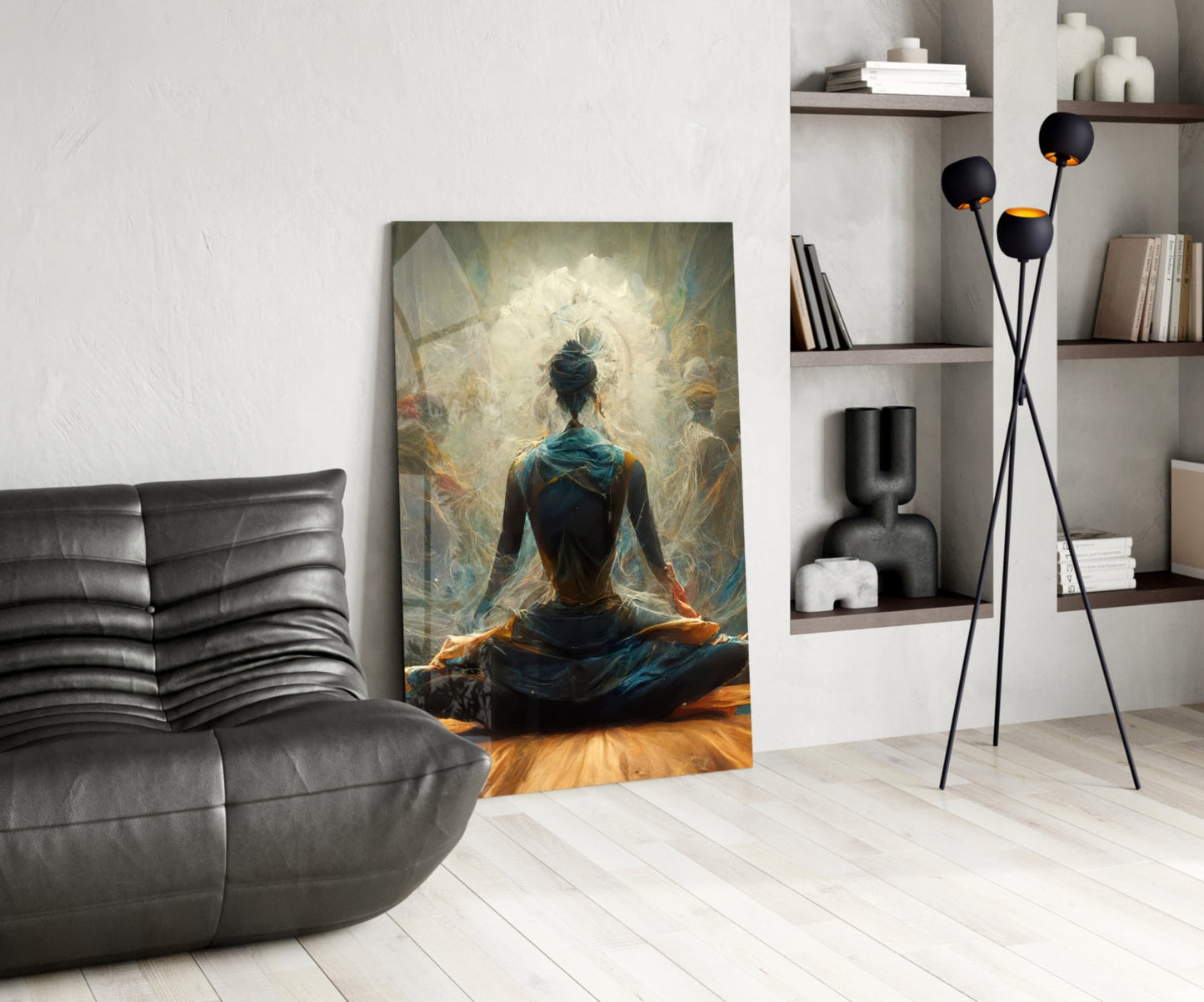 Lotus Pose With White Mandala Halo Glass Wall Art