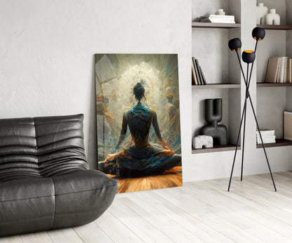 Lotus Pose With White Mandala Halo Glass Wall Art