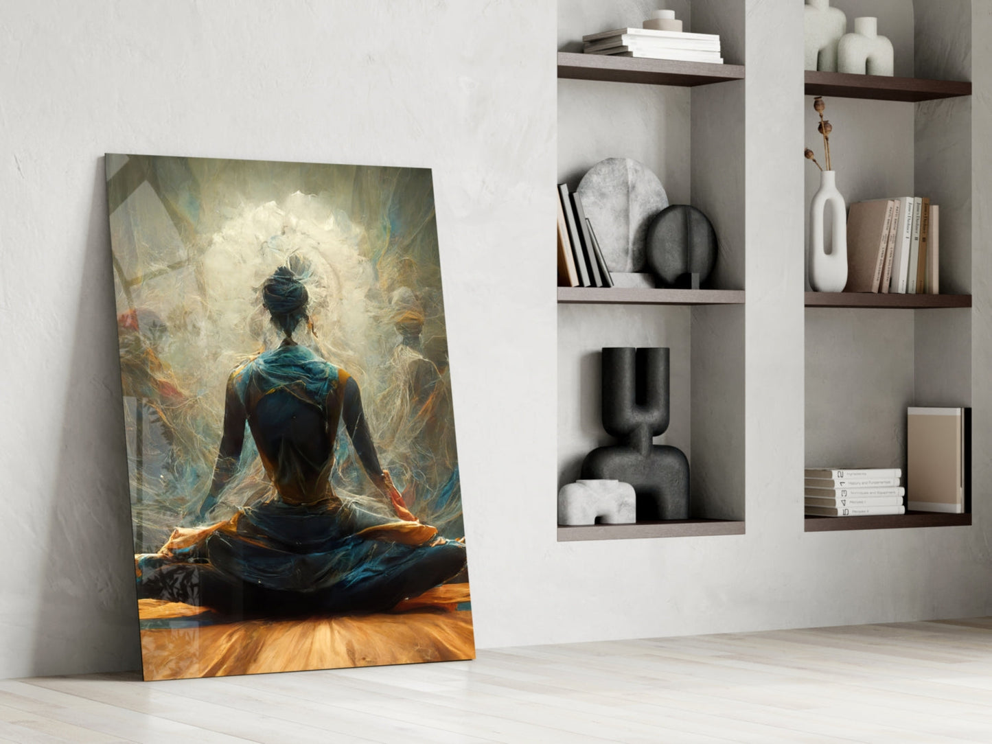 Lotus Pose With White Mandala Halo Glass Wall Art