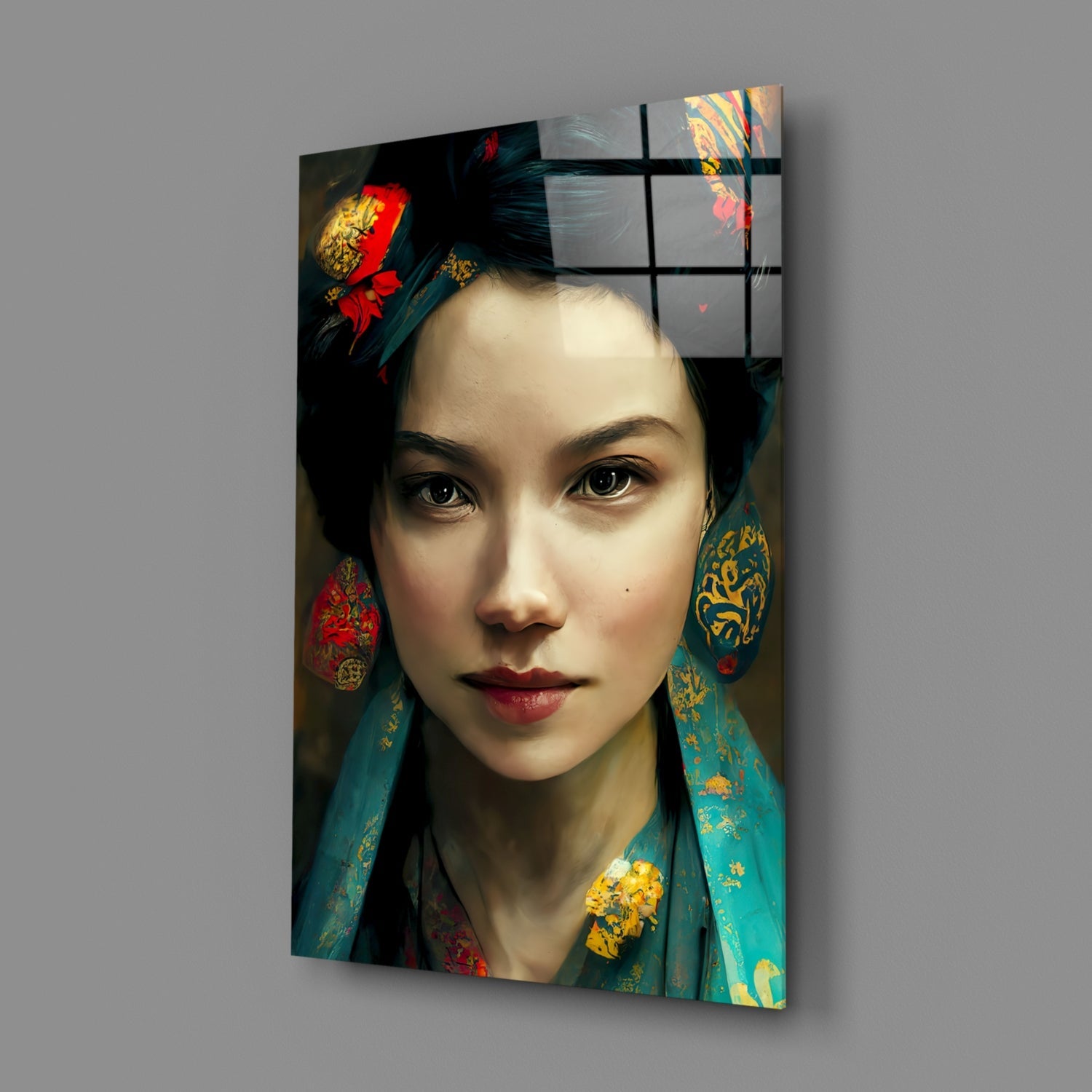 Glass wall art panel displaying a portrait of a woman with black hair wearing ornate red and gold earrings and teal embroidered clothing against a dark background.