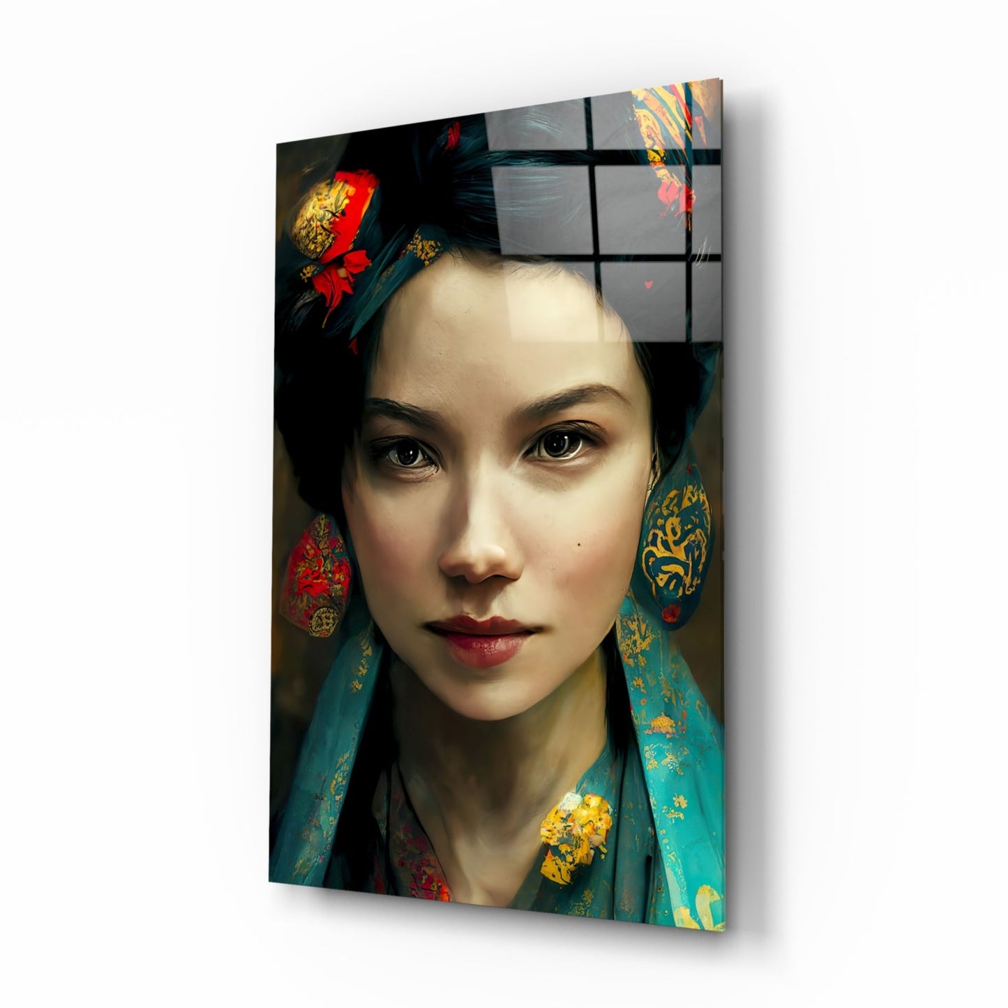 Glass wall art featuring a woman in teal and gold traditional Asian-inspired clothing with red and gold accessories against a dark background.