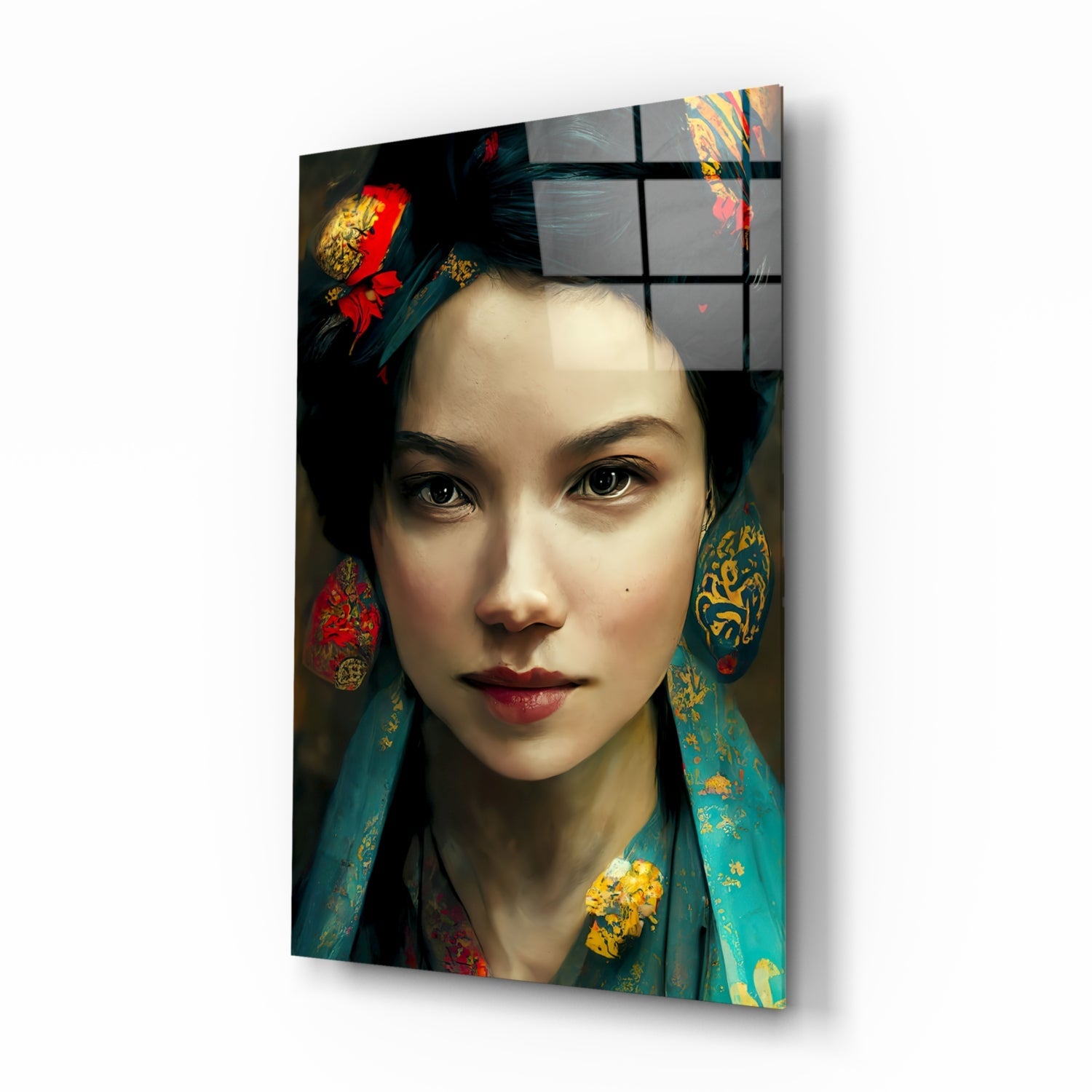 Glass wall art featuring a woman in teal and gold traditional Asian-inspired clothing with red and gold accessories against a dark background.