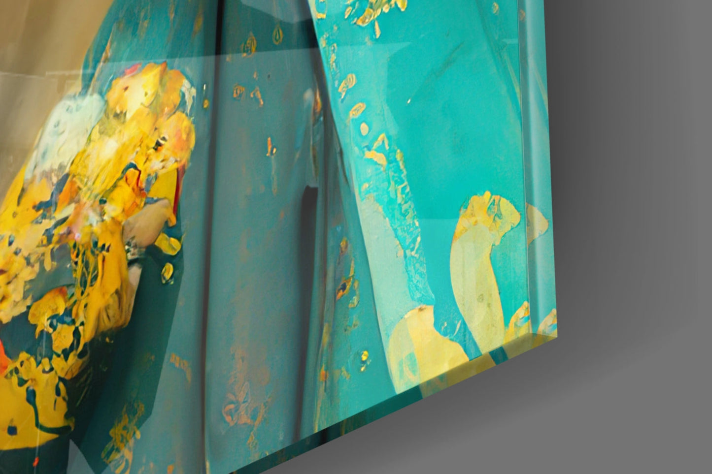 Angled close-up of turquoise glass panels displaying yellow and cream abstract artwork with gold accents.