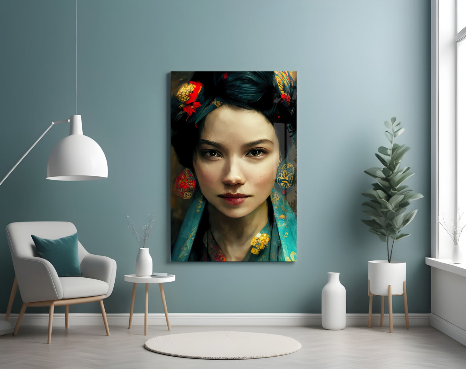 Glass wall art mounted on blue-green wall displaying portrait of woman with black hair, red lips, and colorful floral headpiece and clothing.