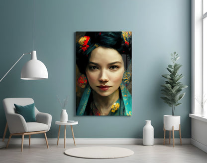 Glass wall art mounted on blue-green wall displaying portrait of woman with black hair, red lips, and colorful floral headpiece and clothing.