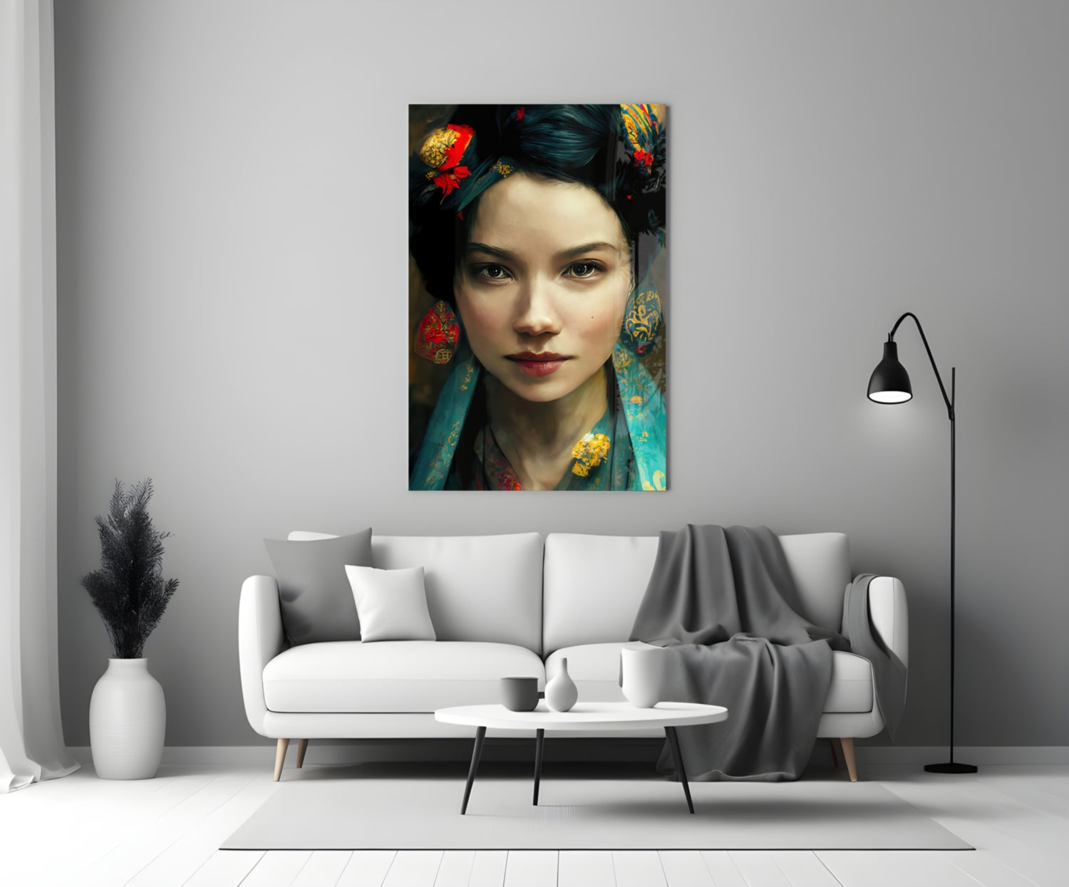 Glass wall art depicting an Asian woman with dark hair adorned with red and gold flowers and teal silk ribbons against a dark background.