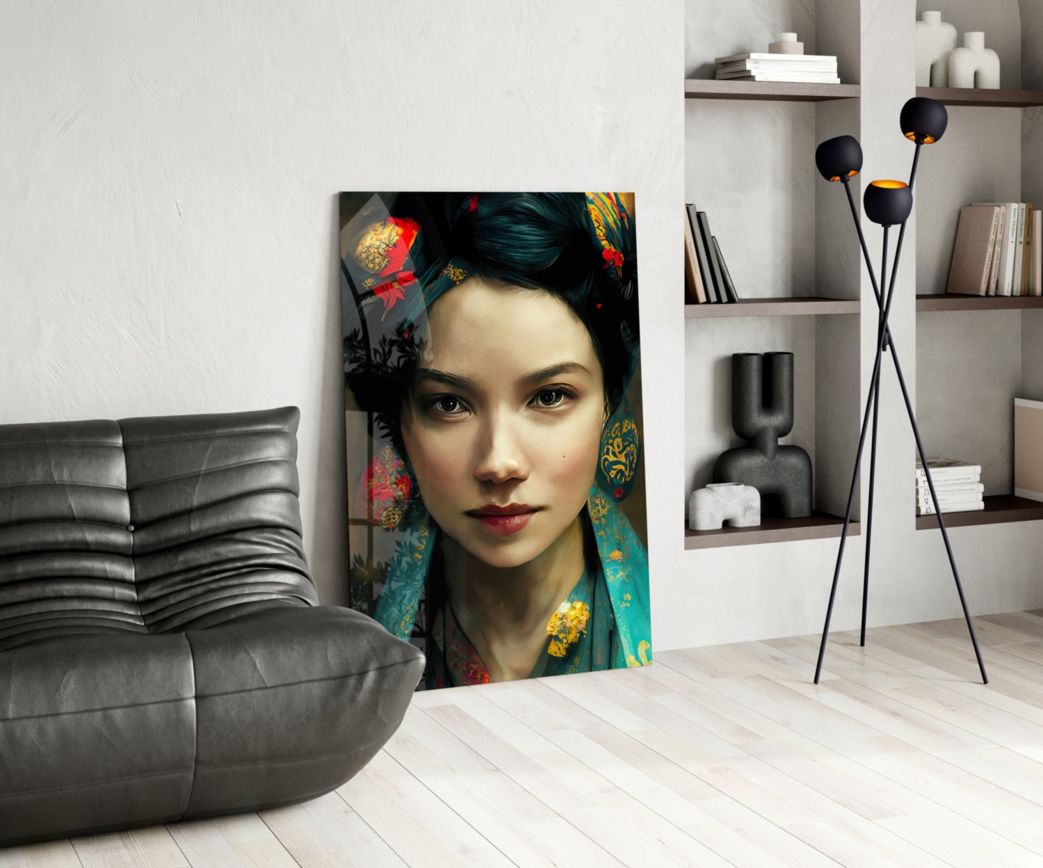 Modern living room featuring glass wall art displaying a portrait of an Asian woman wearing colorful traditional fabric with red and gold embroidery.