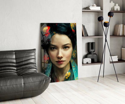 Modern living room featuring glass wall art displaying a portrait of an Asian woman wearing colorful traditional fabric with red and gold embroidery.