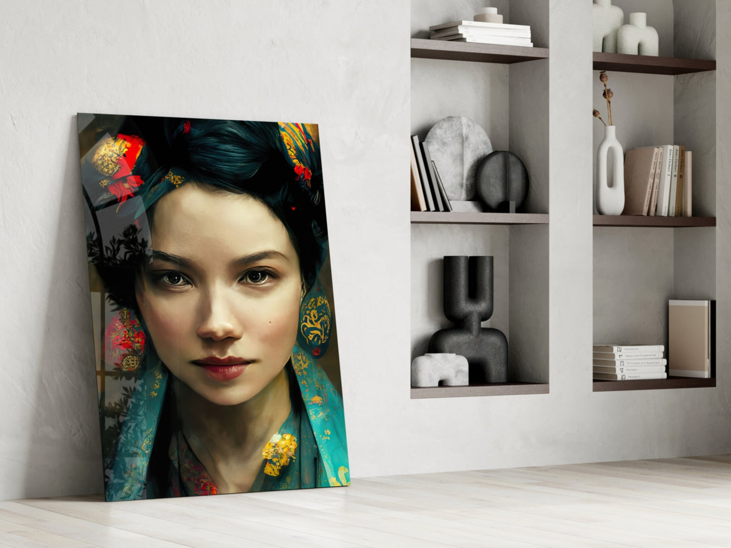 Glass wall art panel leaning against white wall displays portrait of woman with dark hair, red lips, and ornate teal and gold patterned garment.