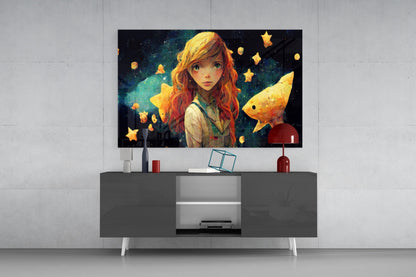 Framed glass wall art displaying an illustrated girl with red hair surrounded by glowing stars and a golden fish, mounted above a modern gray media console.