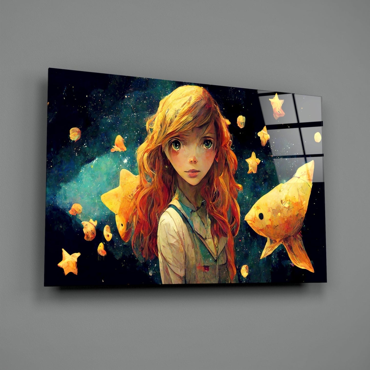 Angled view of glass wall art featuring an illustrated red-haired girl surrounded by glowing goldfish and stars against a dark teal background.