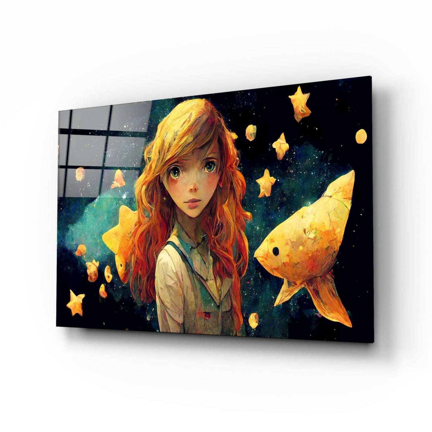 Angled view of glass wall art displaying red-haired anime girl with glowing goldfish and stars against dark space background.