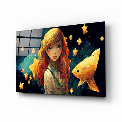 Angled view of glass wall art displaying red-haired anime girl with glowing goldfish and stars against dark space background.