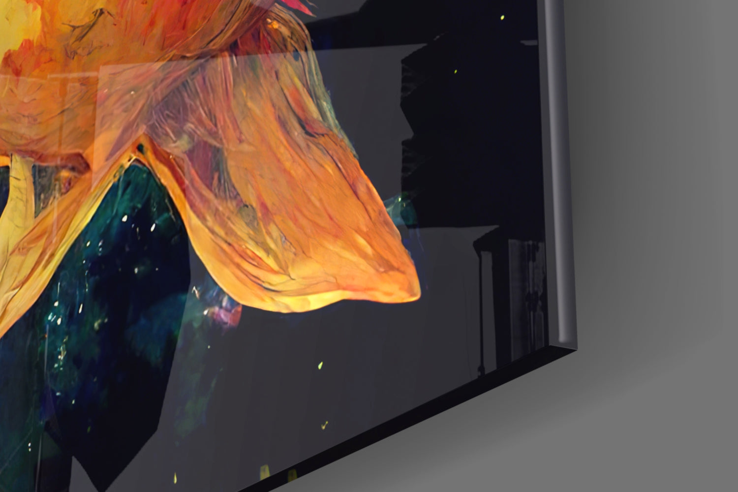 Illuminated glass wall art displaying vibrant orange and teal abstracted aquatic forms against dark background.