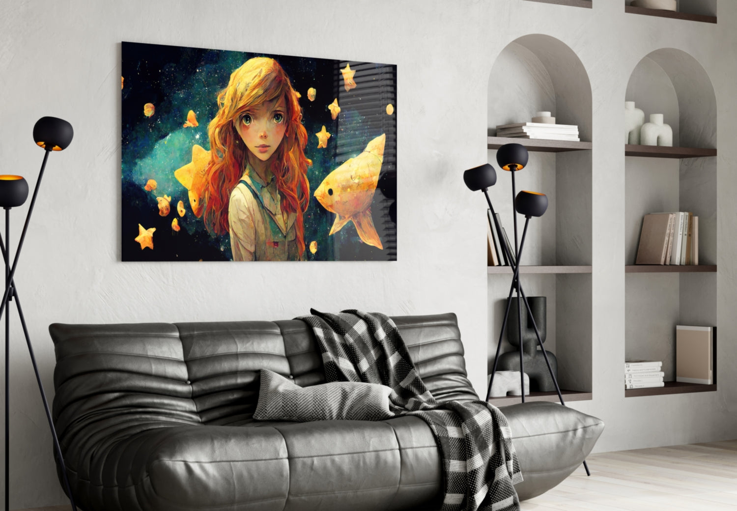 Glass wall art depicting an anime girl with red hair surrounded by glowing stars and a goldfish, displayed above a black leather sofa in a modern living room.