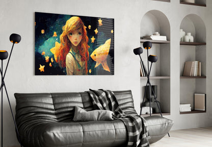 Glass wall art depicting an anime girl with red hair surrounded by glowing stars and a goldfish, displayed above a black leather sofa in a modern living room.