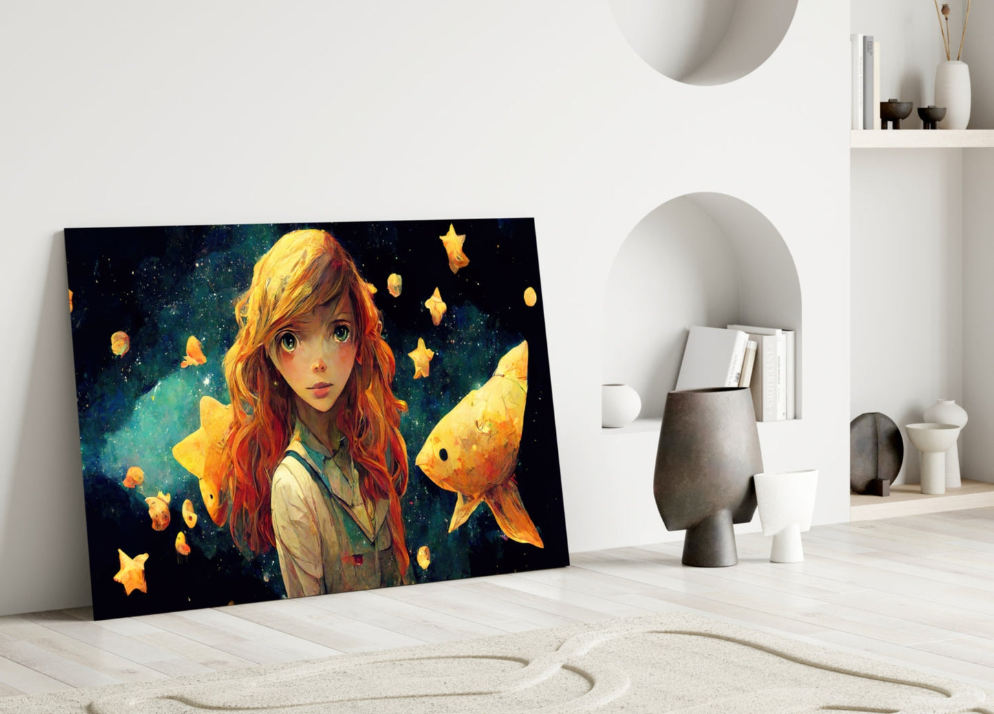 Glass wall art panel leaning against white wall displays illustrated girl with red hair surrounded by glowing goldfish and stars on dark background.