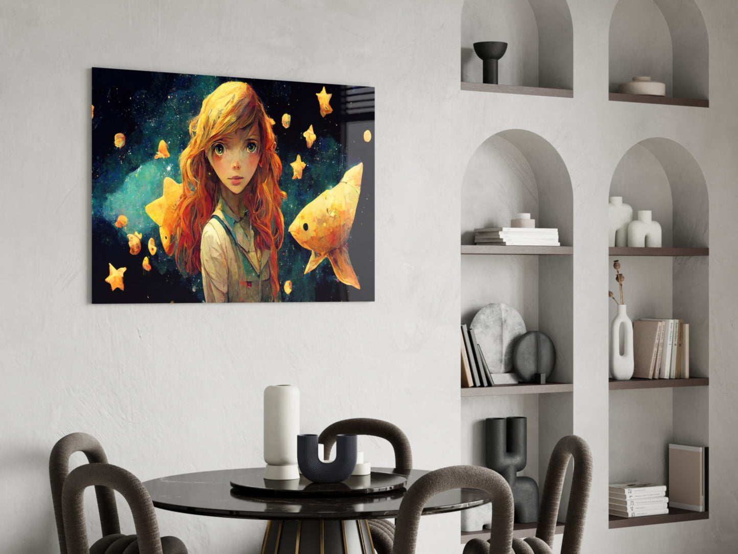 Anime girl with red hair surrounded by glowing yellow stars and fish on dark blue background, displayed above round black dining table.