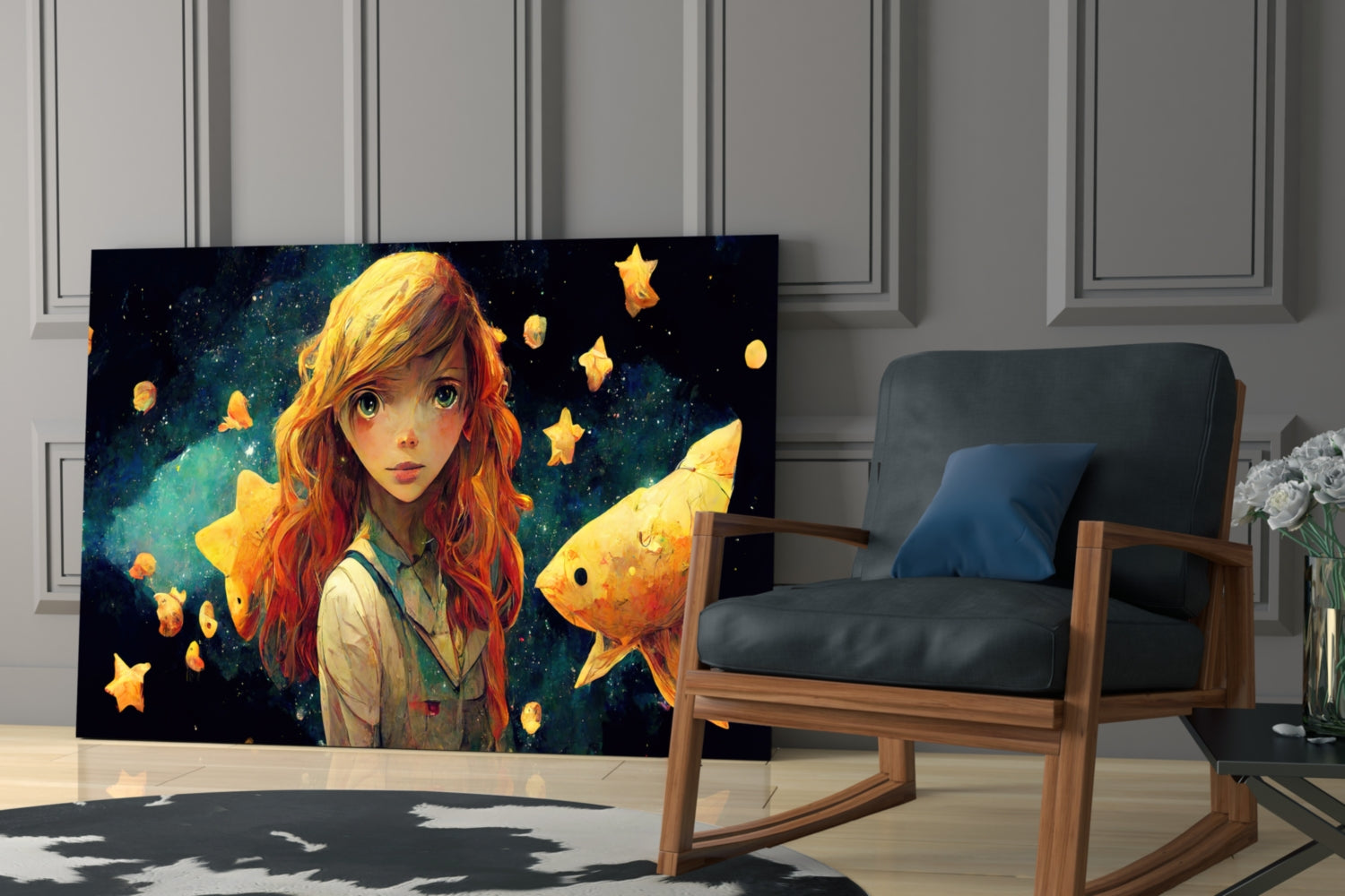 Glass wall art depicting a red-haired girl with luminous golden fish and stars on dark starry background, displayed in modern living room.