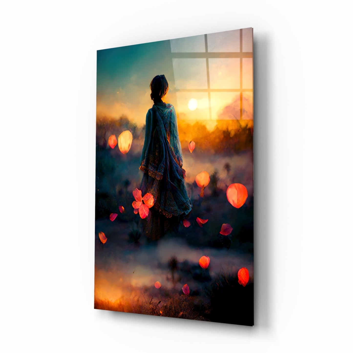 A silhouetted figure in a blue shawl stands facing a golden sunset through a window grid, surrounded by glowing red bokeh lights and mist.