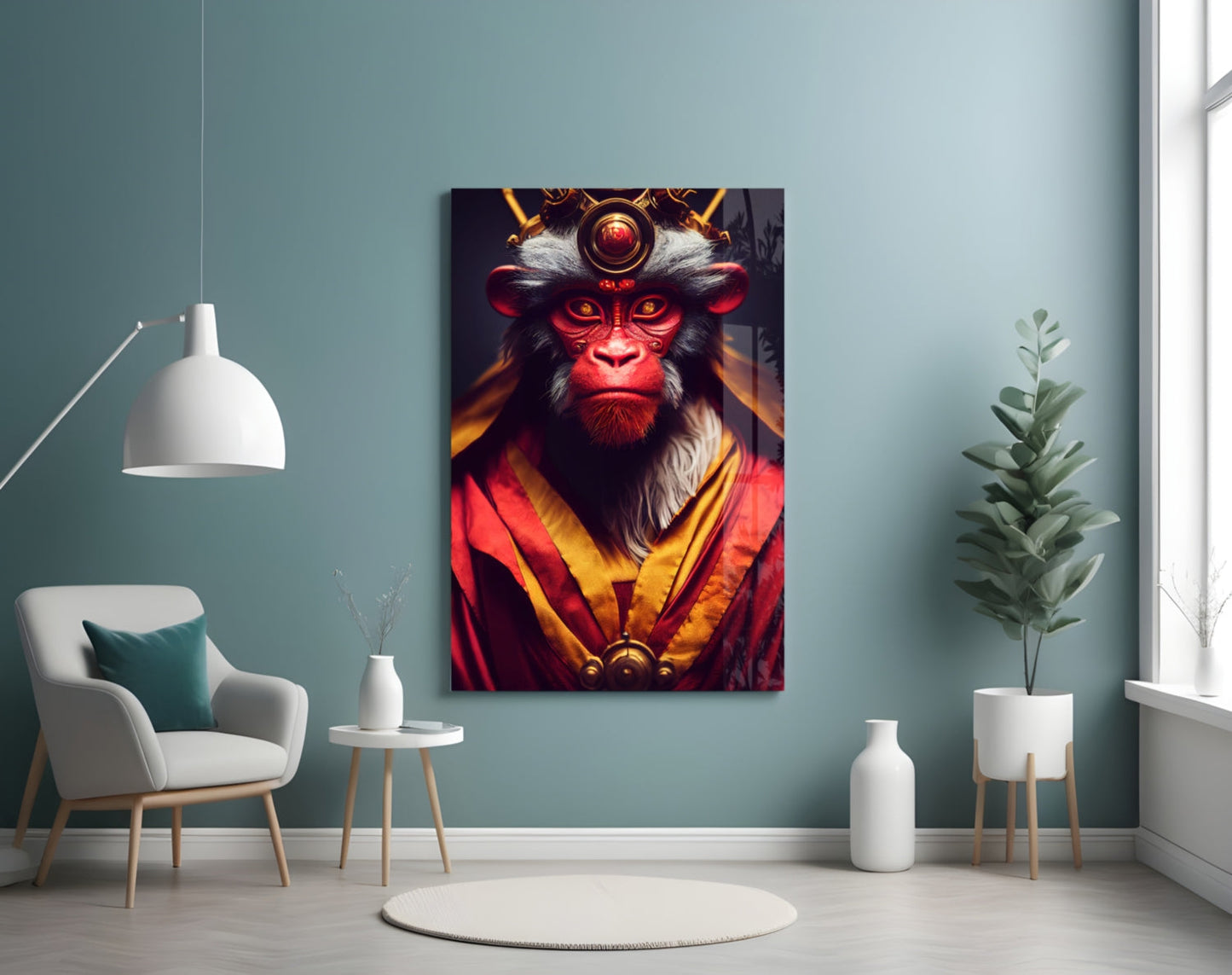 Crimson Robed Monkey with Crown Glass Wall Art