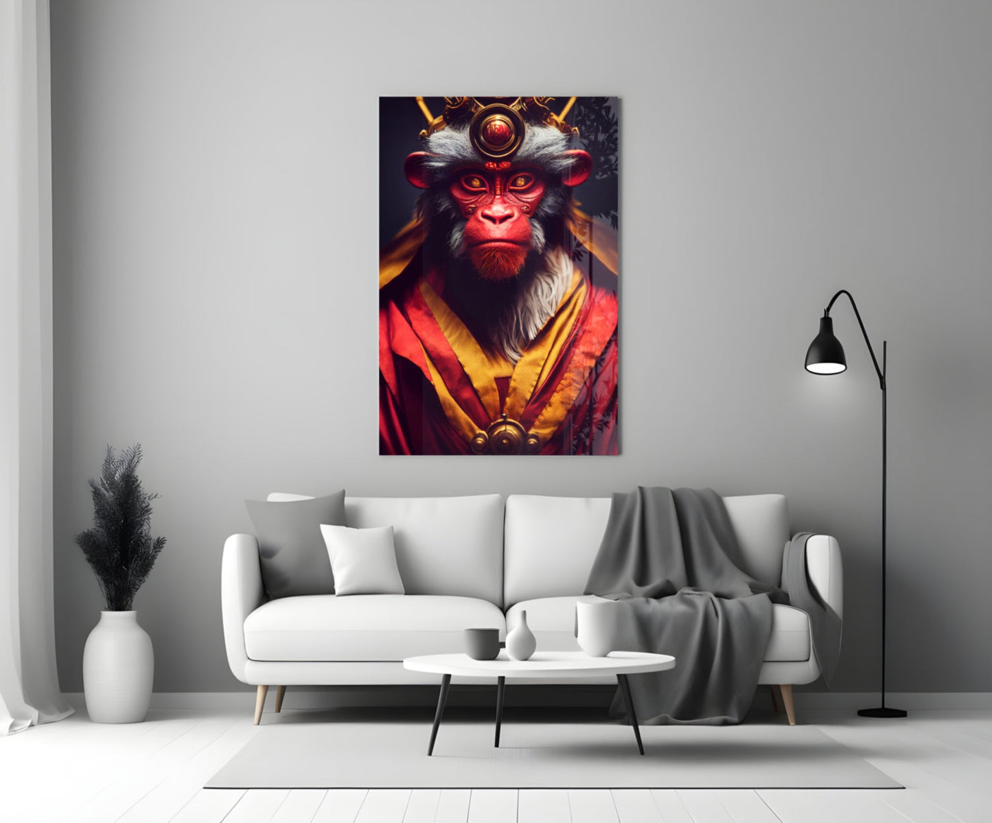 Crimson Robed Monkey with Crown Glass Wall Art
