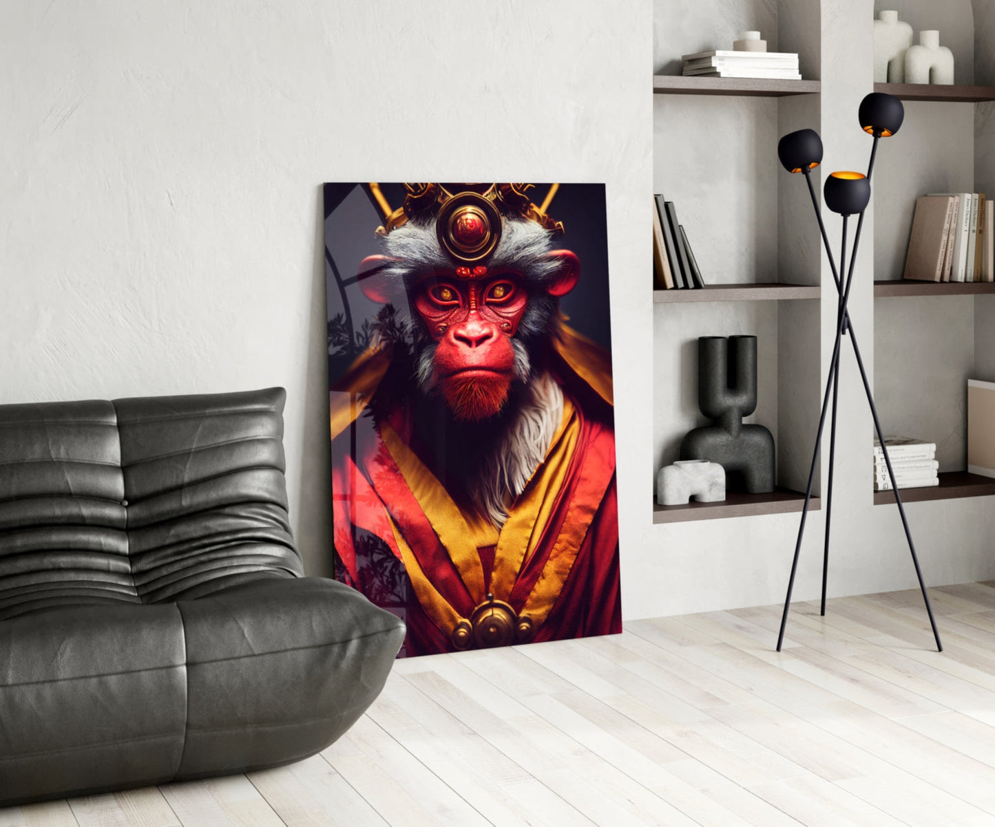 Crimson Robed Monkey with Crown Glass Wall Art