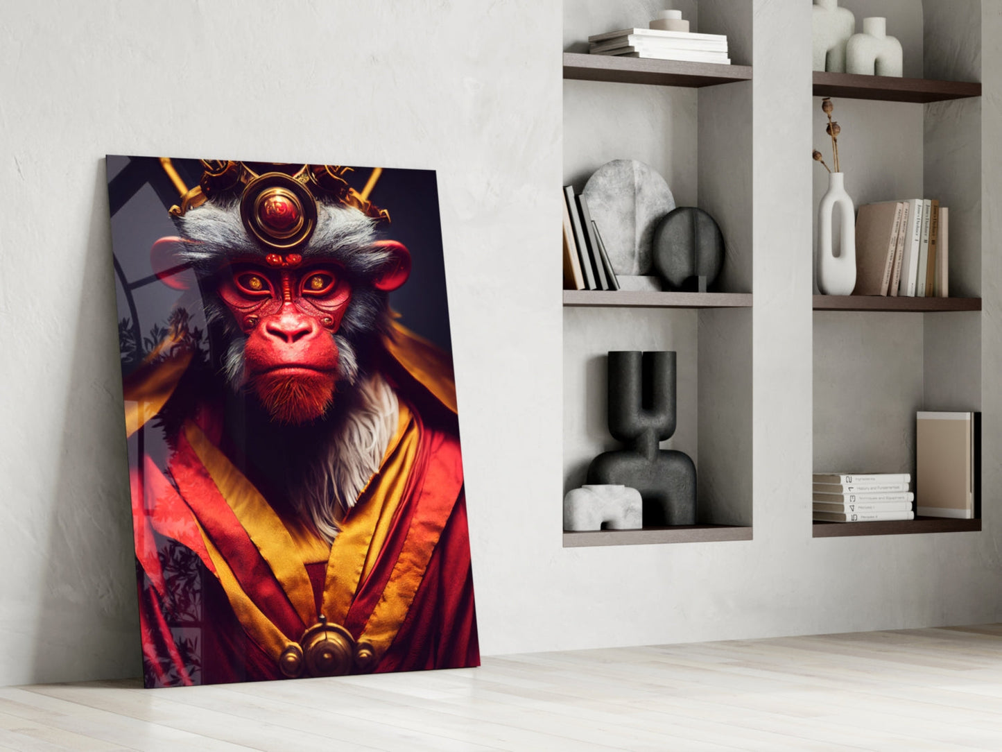 Crimson Robed Monkey with Crown Glass Wall Art