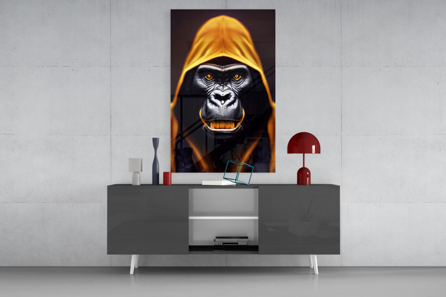 Glowing Amber Hood Gorilla Portrait Glass Wall Art