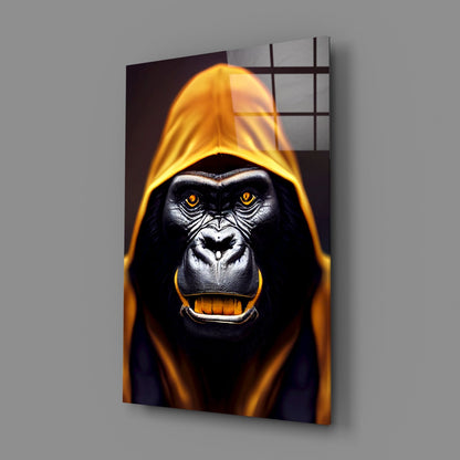 Glowing Amber Hood Gorilla Portrait Glass Wall Art