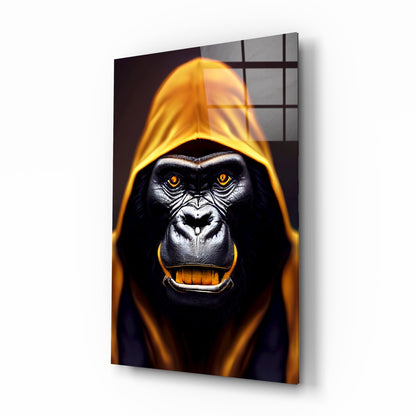 Glowing Amber Hood Gorilla Portrait Glass Wall Art