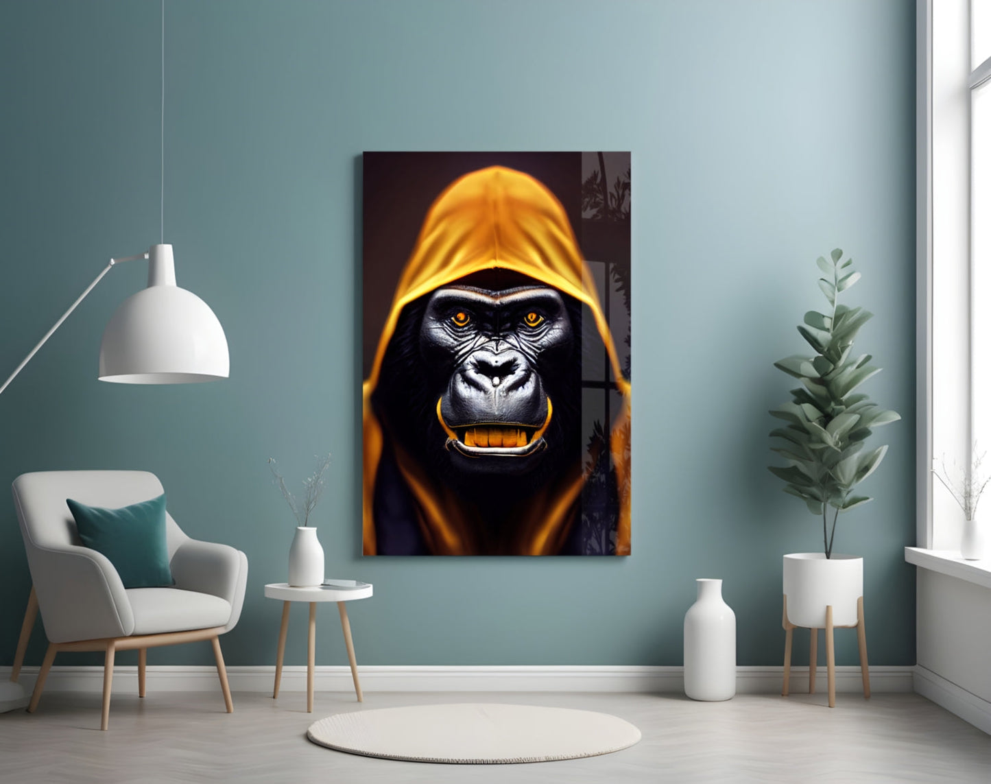 Glowing Amber Hood Gorilla Portrait Glass Wall Art