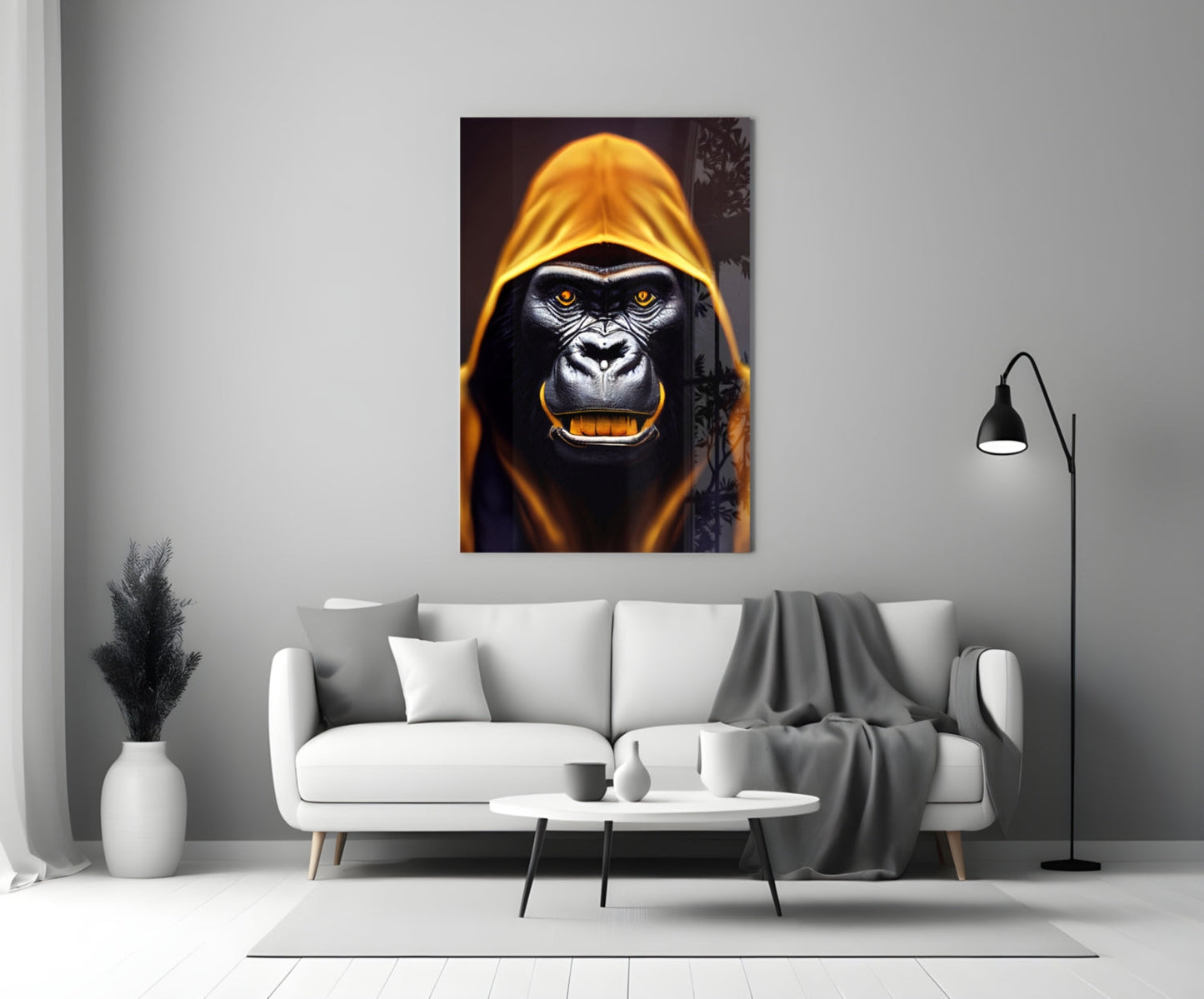 Glowing Amber Hood Gorilla Portrait Glass Wall Art
