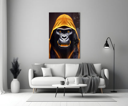 Glowing Amber Hood Gorilla Portrait Glass Wall Art