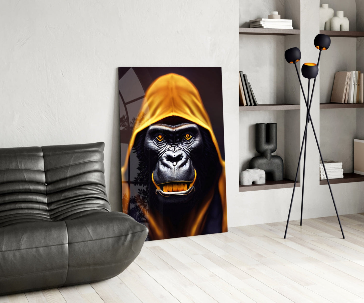 Glowing Amber Hood Gorilla Portrait Glass Wall Art