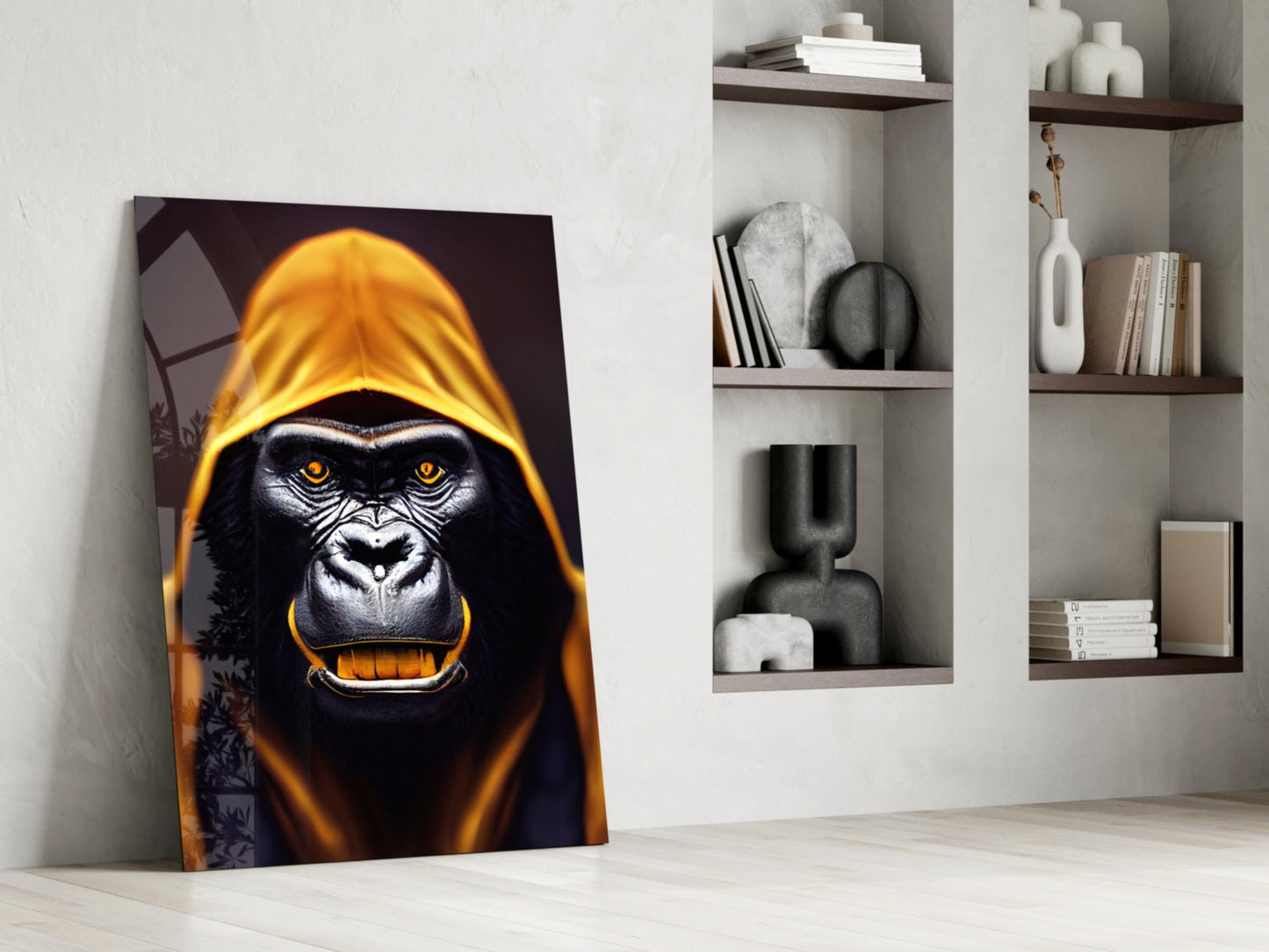 Glowing Amber Hood Gorilla Portrait Glass Wall Art