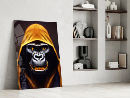 Glowing Amber Hood Gorilla Portrait Glass Wall Art