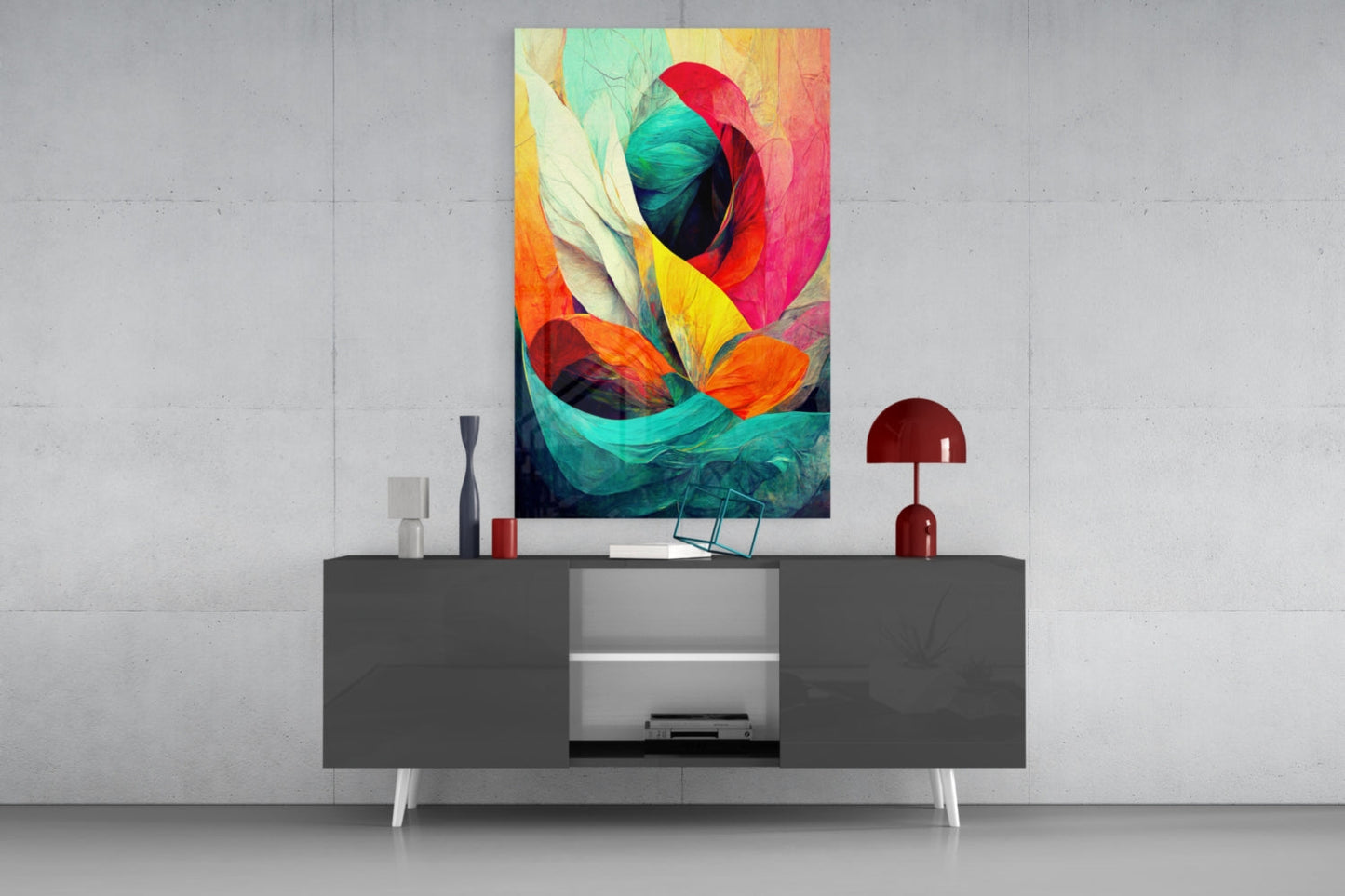 Crimson Bloom Teal Ribbon Abstract Glass Wall Art