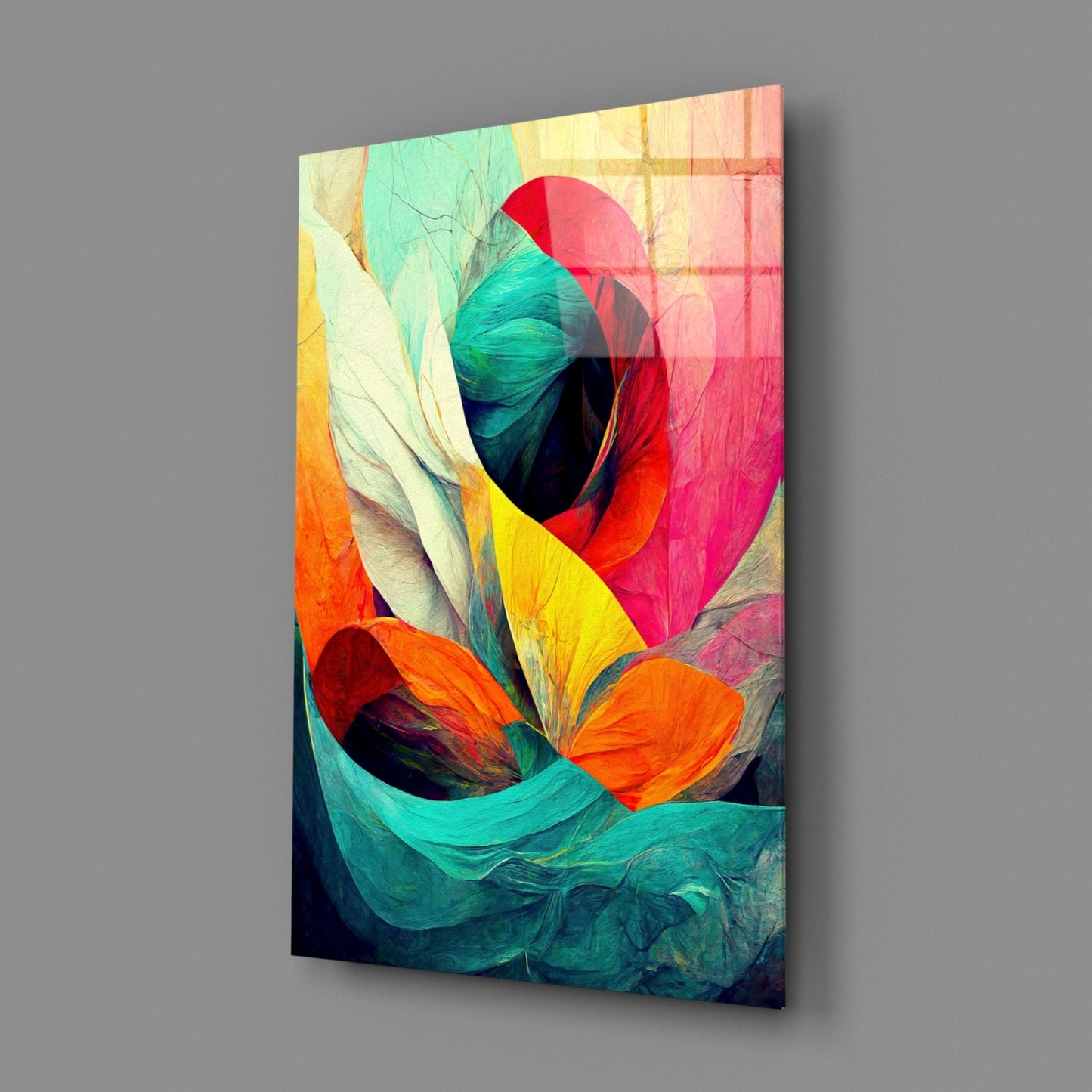 Crimson Bloom Teal Ribbon Abstract Glass Wall Art