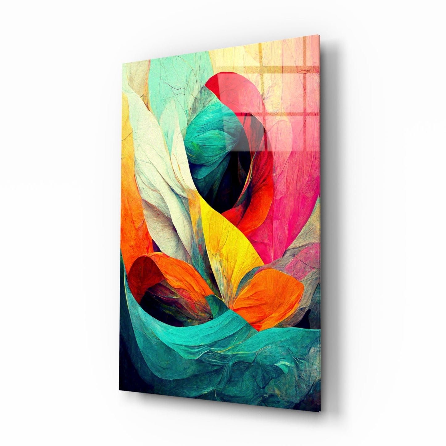 Crimson Bloom Teal Ribbon Abstract Glass Wall Art