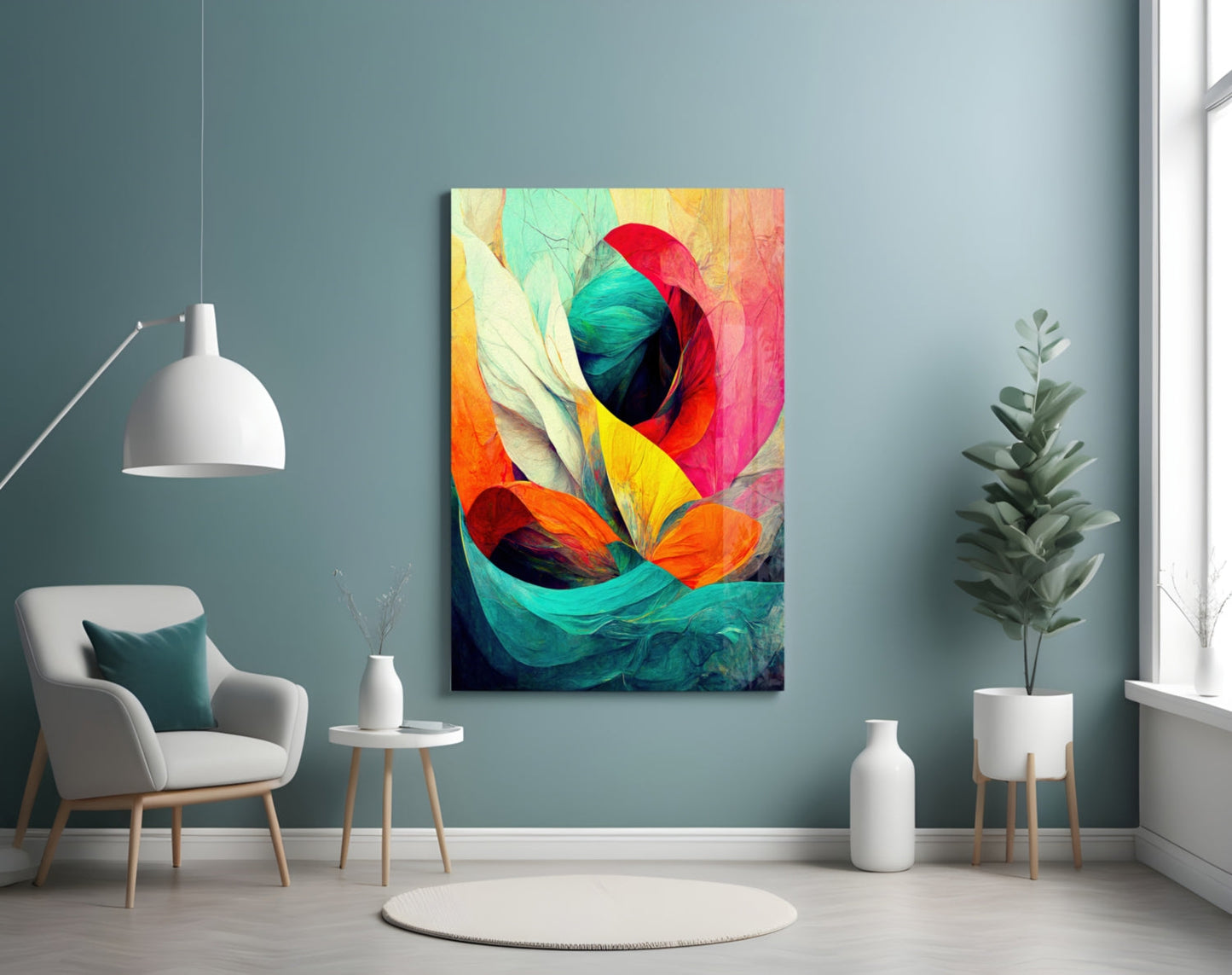 Crimson Bloom Teal Ribbon Abstract Glass Wall Art