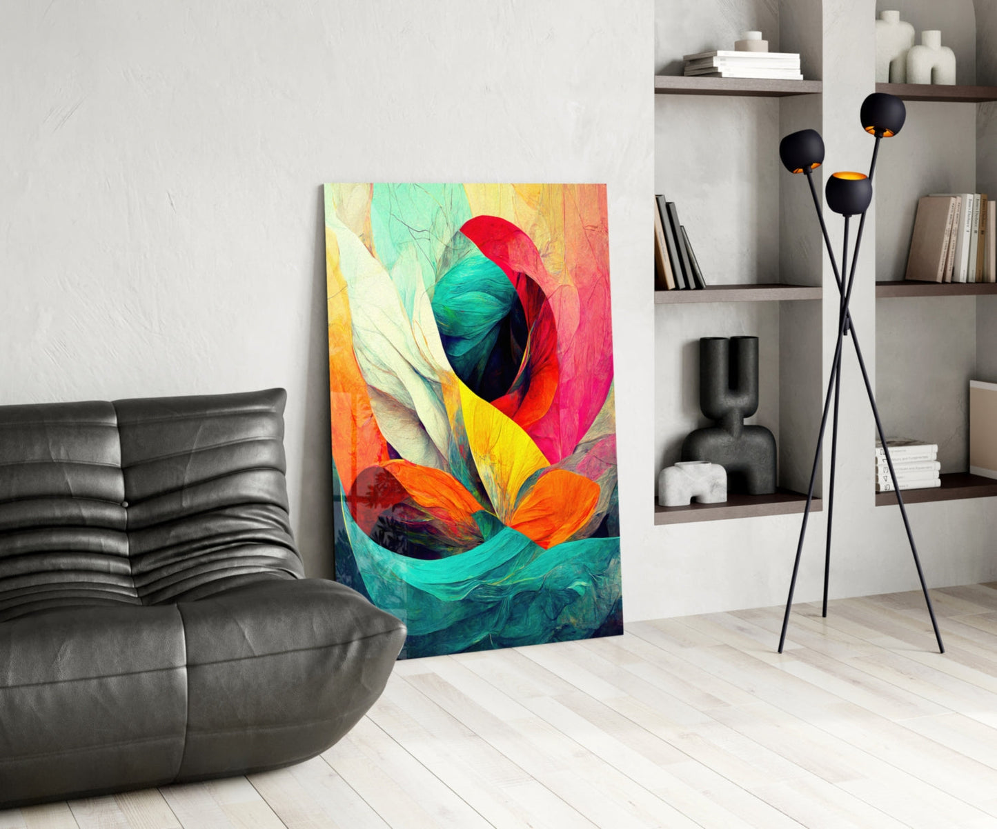 Crimson Bloom Teal Ribbon Abstract Glass Wall Art