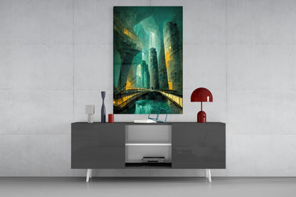 Modern living room interior with turquoise and gold underground bridge artwork displayed above dark gray media console with red lamp.