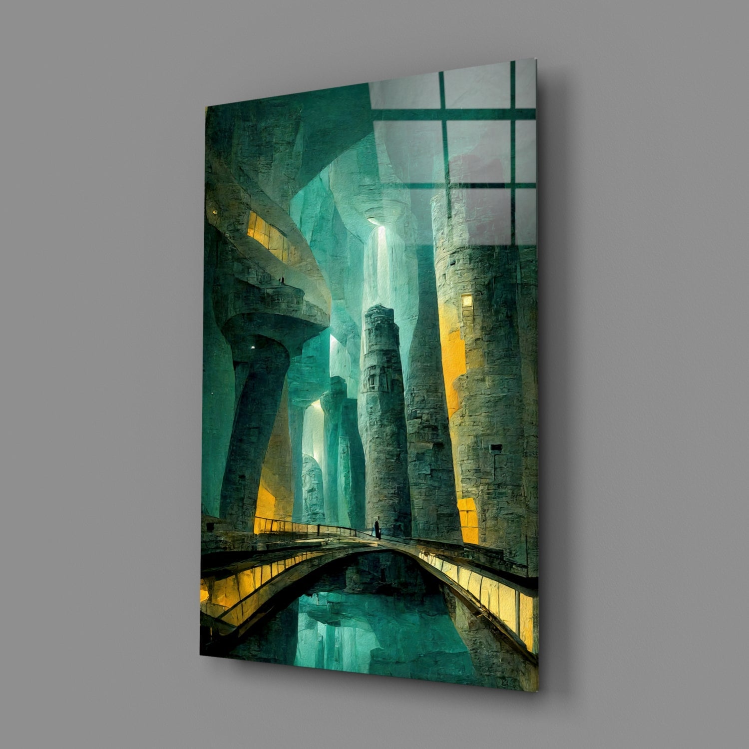 Angled view of glass wall art featuring turquoise-toned underground passage with stone towers, arched bridge, and yellow-lit windows.